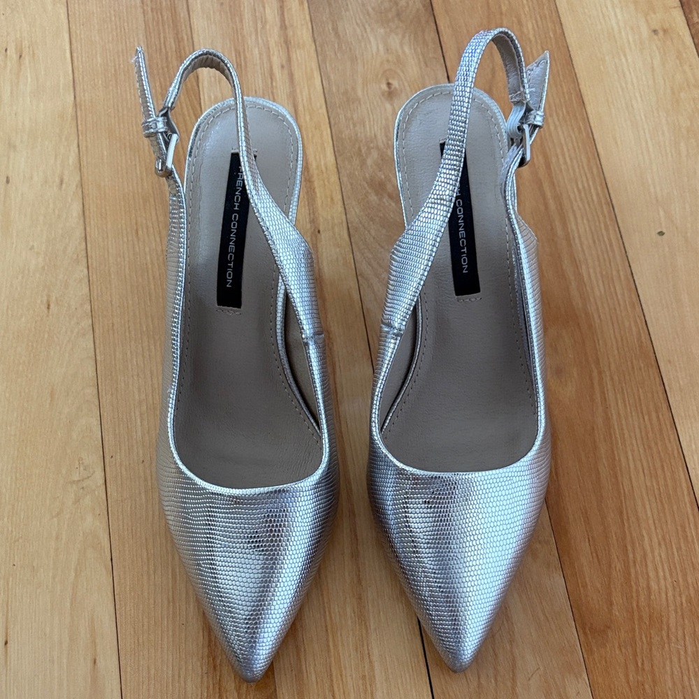 French Connection Metallic Silver Slingback Heels - Size 6